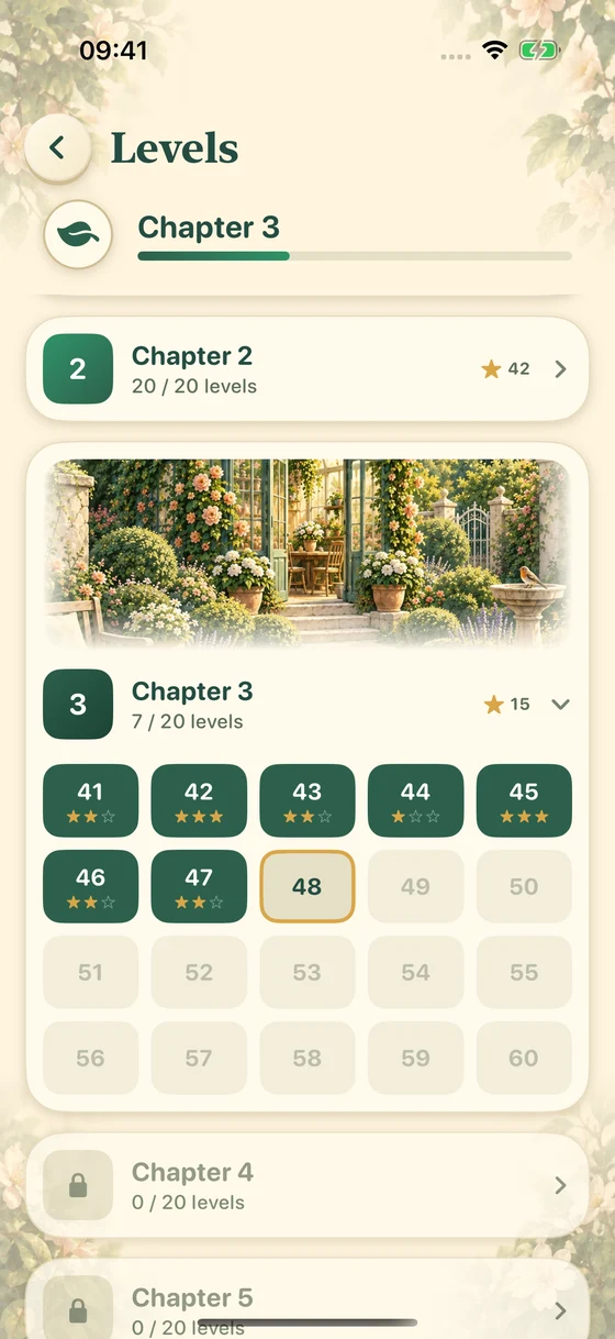 Wordkite chapter map with completed levels and the next unlocked puzzle