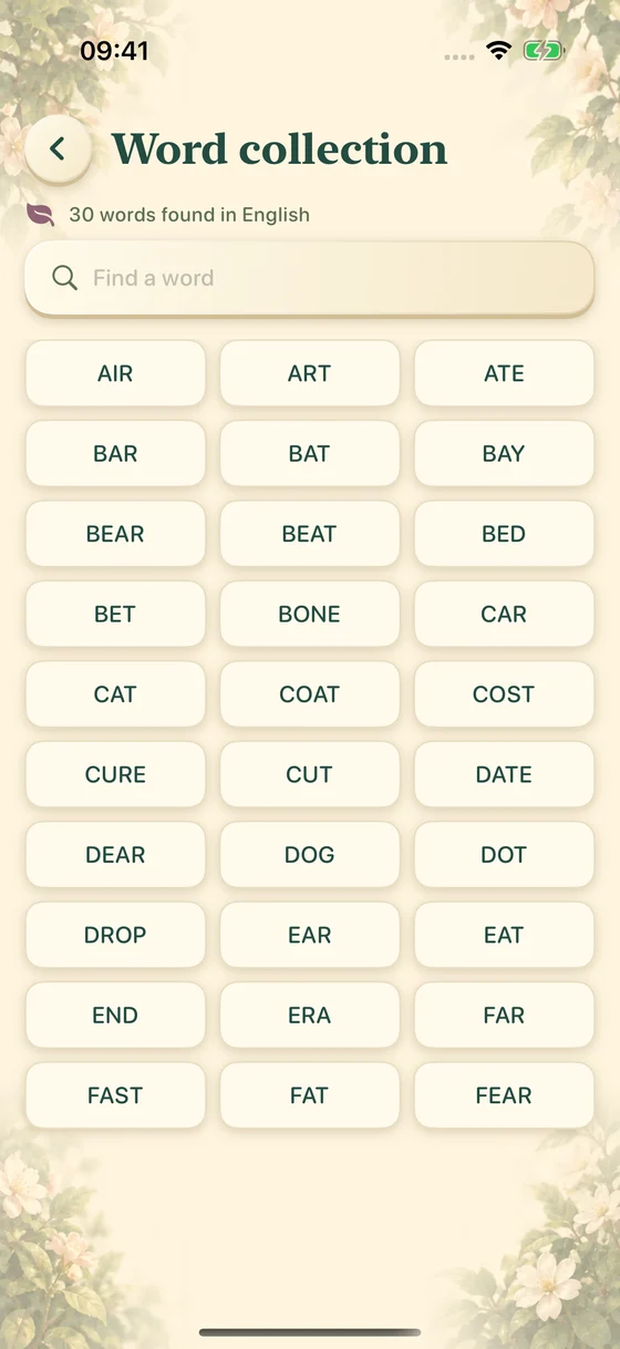 Wordkite bonus word collection showing words found while playing