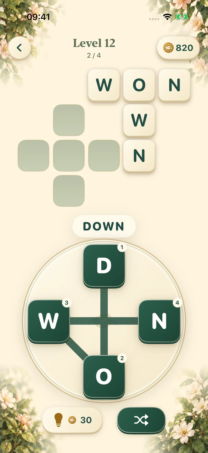 Wordkite gameplay: connect D, O, W, and N to fill the crossword