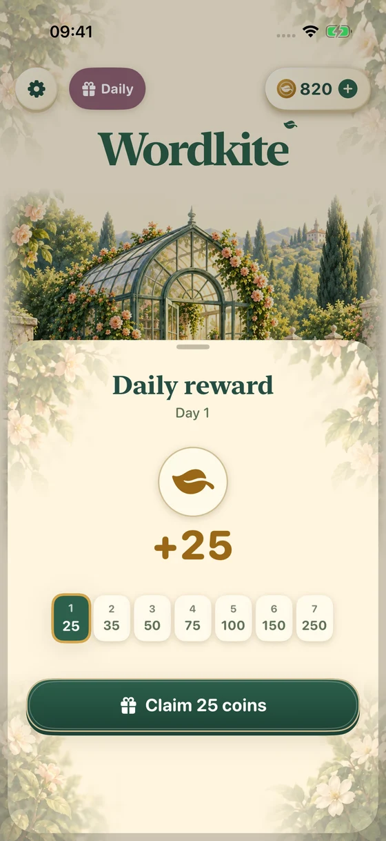 Wordkite daily rewards screen with a seven-day sequence of coin rewards