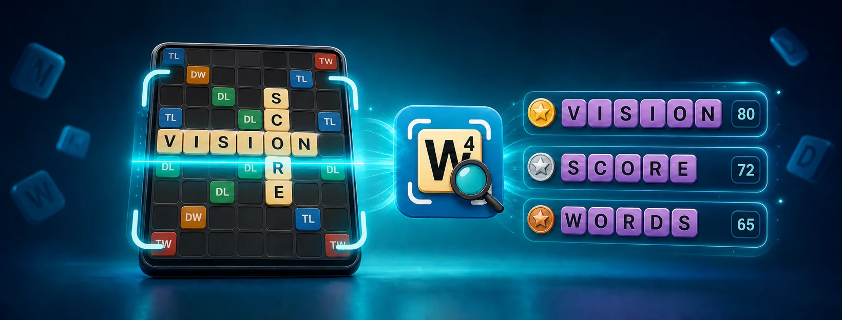 TileVision board solver showing VISION, SCORE, and WORDS as ranked moves from a word-game screenshot